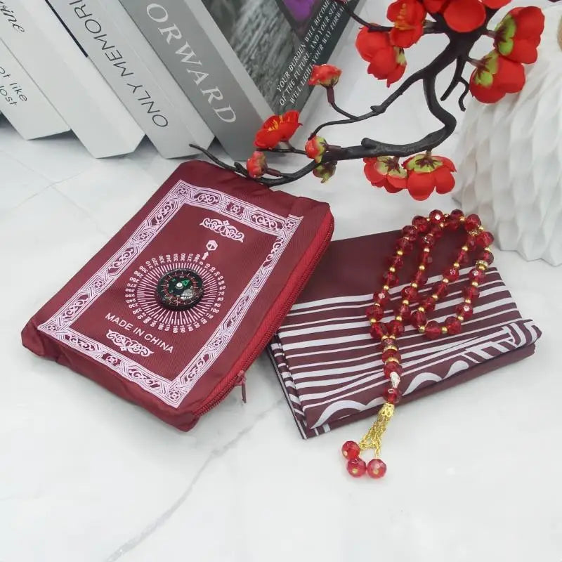 Islamic Travel Prayer Mat With Beads Portable Prayer Rug With Compass Waterproof Muslim Prayer Mat For Ramadan Gifts
