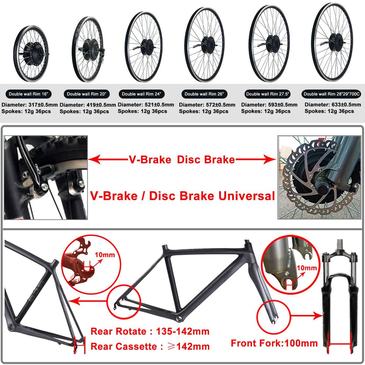 Ebike Conversion Kit 24V/36V/48V 250W Front Rear Brushless Gear Hub Wheel Motor 16-29inch 700C  for Electric Bicycle Kit