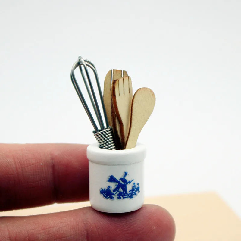 2026 New Miniature Dollhouse Kitchen Tools Set Wooden Spatula Knife Fork Egg Beater Jar Home Decor Photography Props Mini Toys