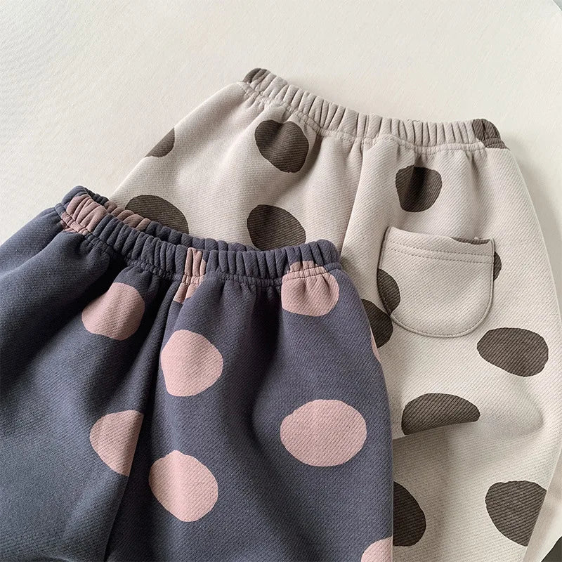 2025 New Winter Children Dot Print Trousers Plus Velvet Thick Girls Harem Pants Baby Boys Fleece Casual Pants Kids Clothes