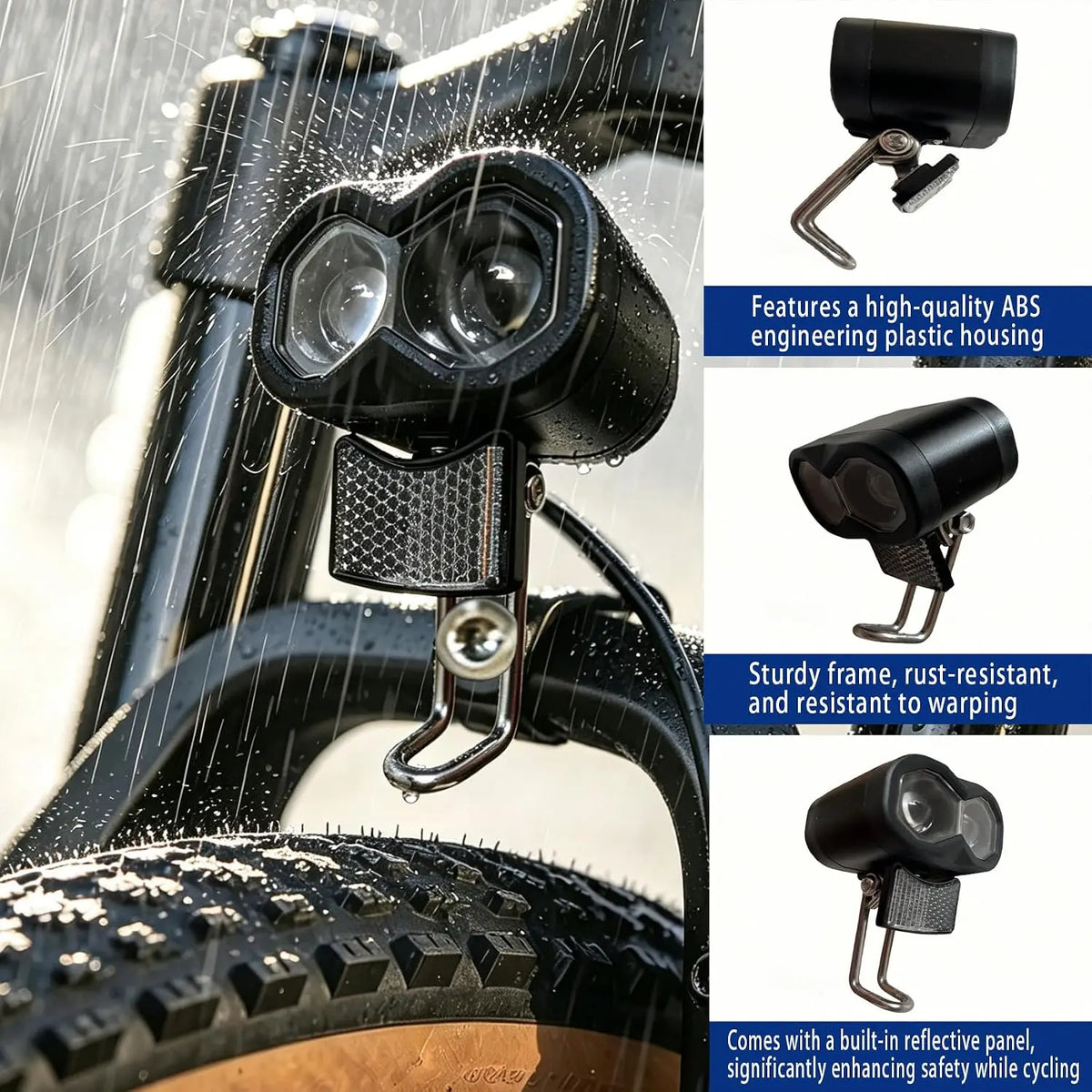 12V-60V universal ebike headlight with horn, IPX4 waterproof, 115Lux low beam, 2/3-pin plug, riser mount for e-bikes & scooters