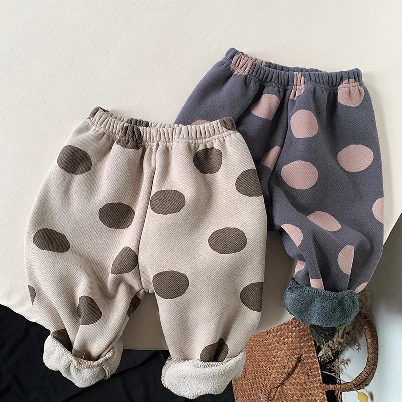 2025 New Winter Children Dot Print Trousers Plus Velvet Thick Girls Harem Pants Baby Boys Fleece Casual Pants Kids Clothes