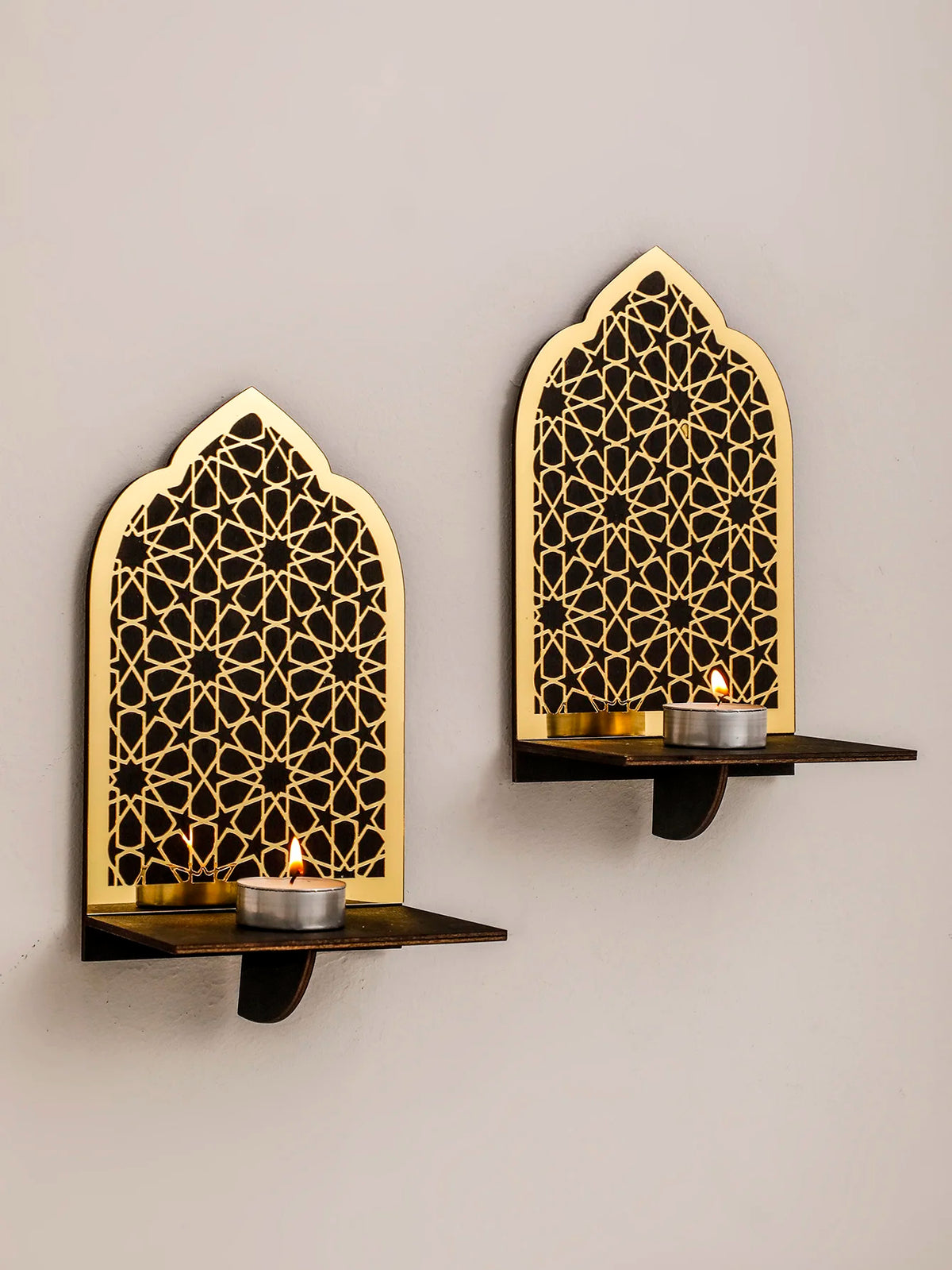 Islamic Ramadan Wood Wall Shelf Geometric Gold Black Acrylic Hanging Shelf for Eid Mubarak Kareem Candle Incense Home Decor Gift