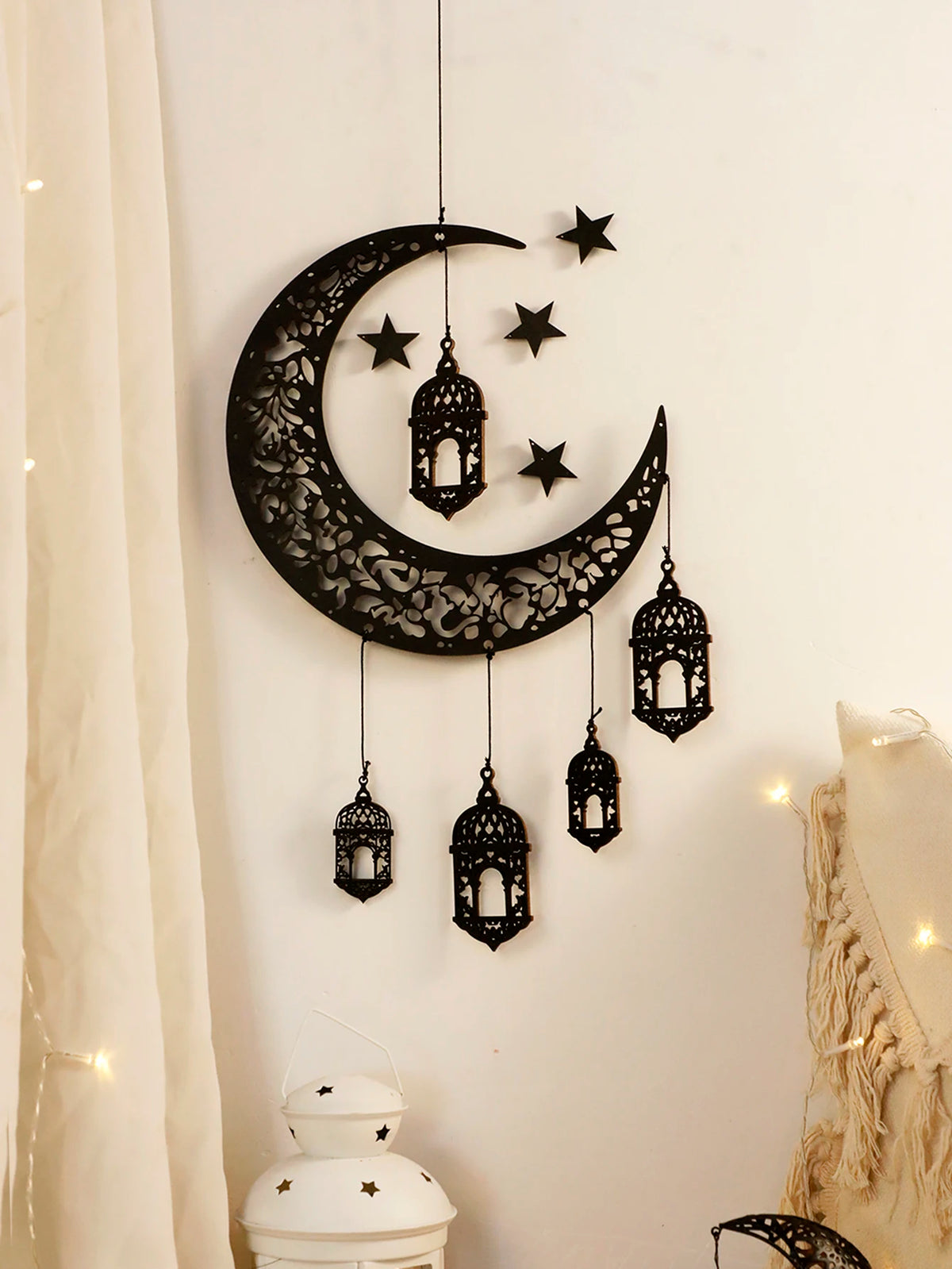 Wooden Hollow Moon and Star Lantern – DIY Ramadan Hanging Decor, Islamic Eid Mubarak Festival Decorations，Ornament Islamic Gifts