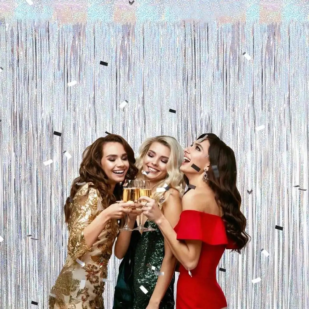 1*2M Laser Pink Party Backdrop Curtains Glitter Tinsel Fringe Foil Curtain Birthday Wedding Decoration Adult Anniversary Dec