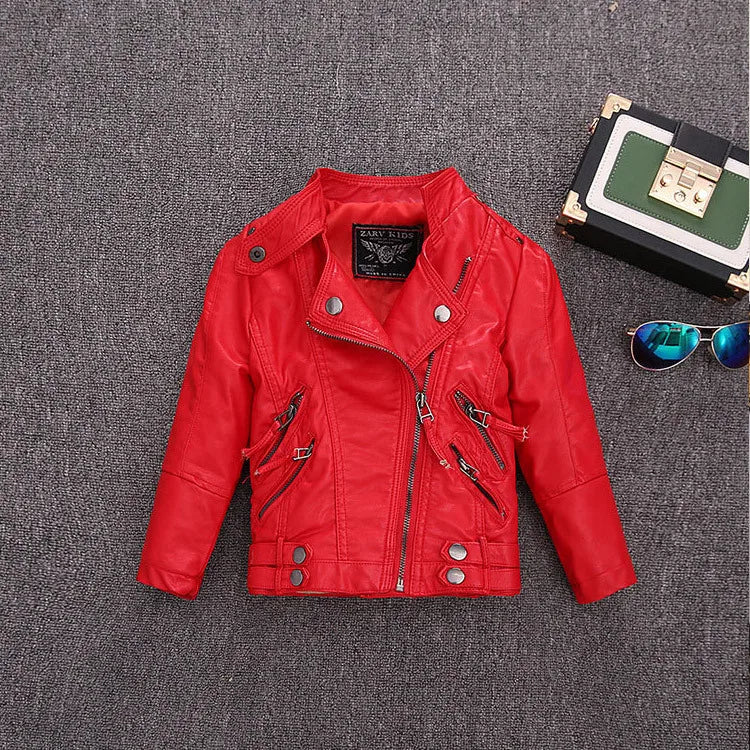 2-14 Years Old Girls Faux Leather Jacket Children PU Coat Long Sleeve Zip Belt Locomotive Jacket Stylish Teen Kids Boys Jackets
