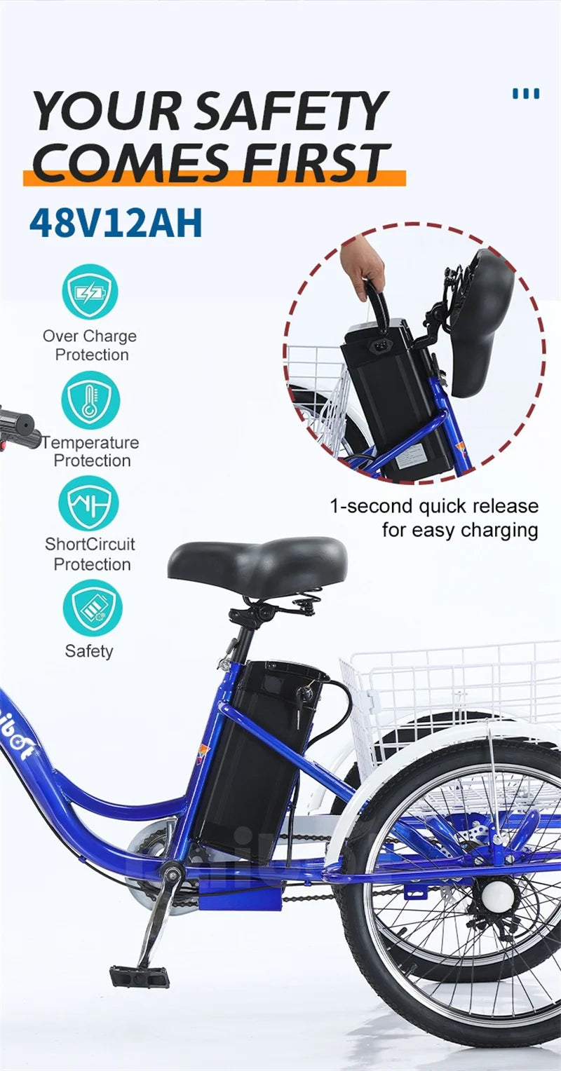 20inch 3 Wheels Electric Bike For Adults 350W 48V 7 Speed Cargo Electric Tricycle For Elderly People Removable Battery