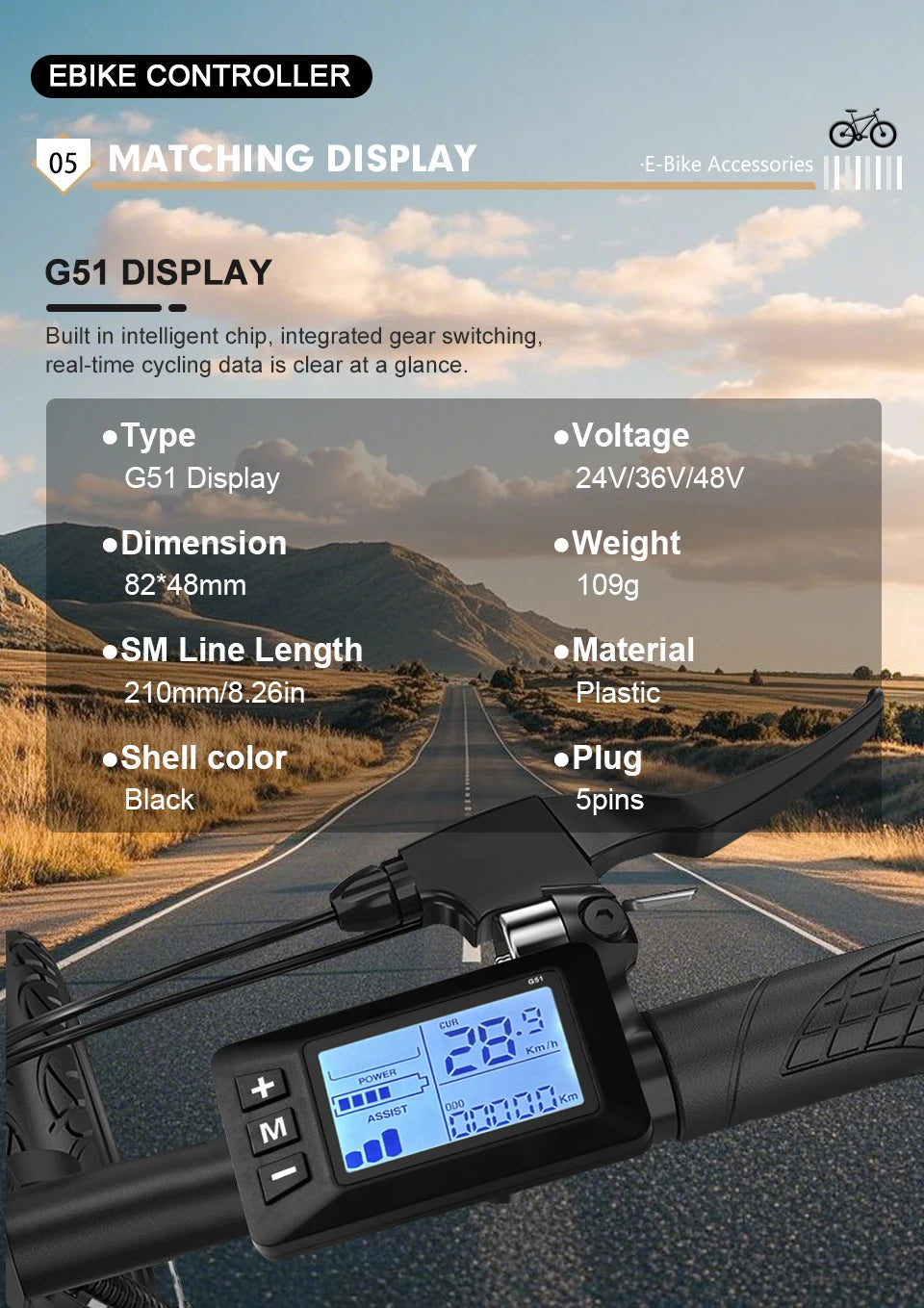17A26A30A Ebike Brushless Motor Controller 350W/750W/1000W Sinewave Controller G51 LCD Display UART2 Protocol for Scooter E-Bike