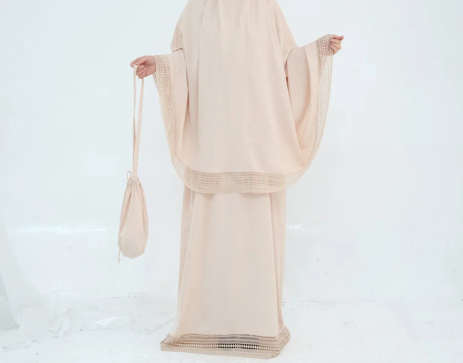 Complete Women's Islamic Prayer Outfit Set (4 Items) Includes Prayer Rug Carry Case Modest Abaya Dress and Khimar Headscarf