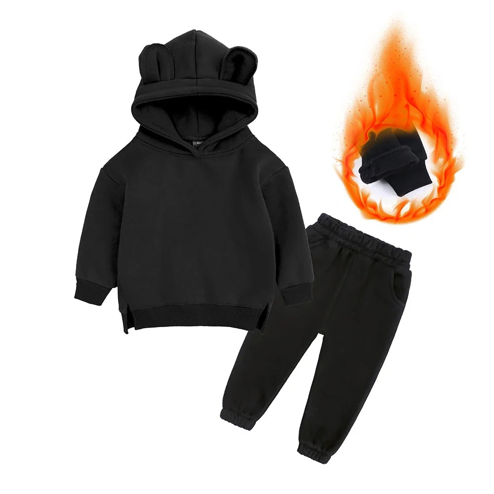 2026 Children Kids Fleece Winter Outfits Solid Cotton Hooded Sweatshirt+Pants Toddler Infant Suit Boy Girl Casual Warm Clothes