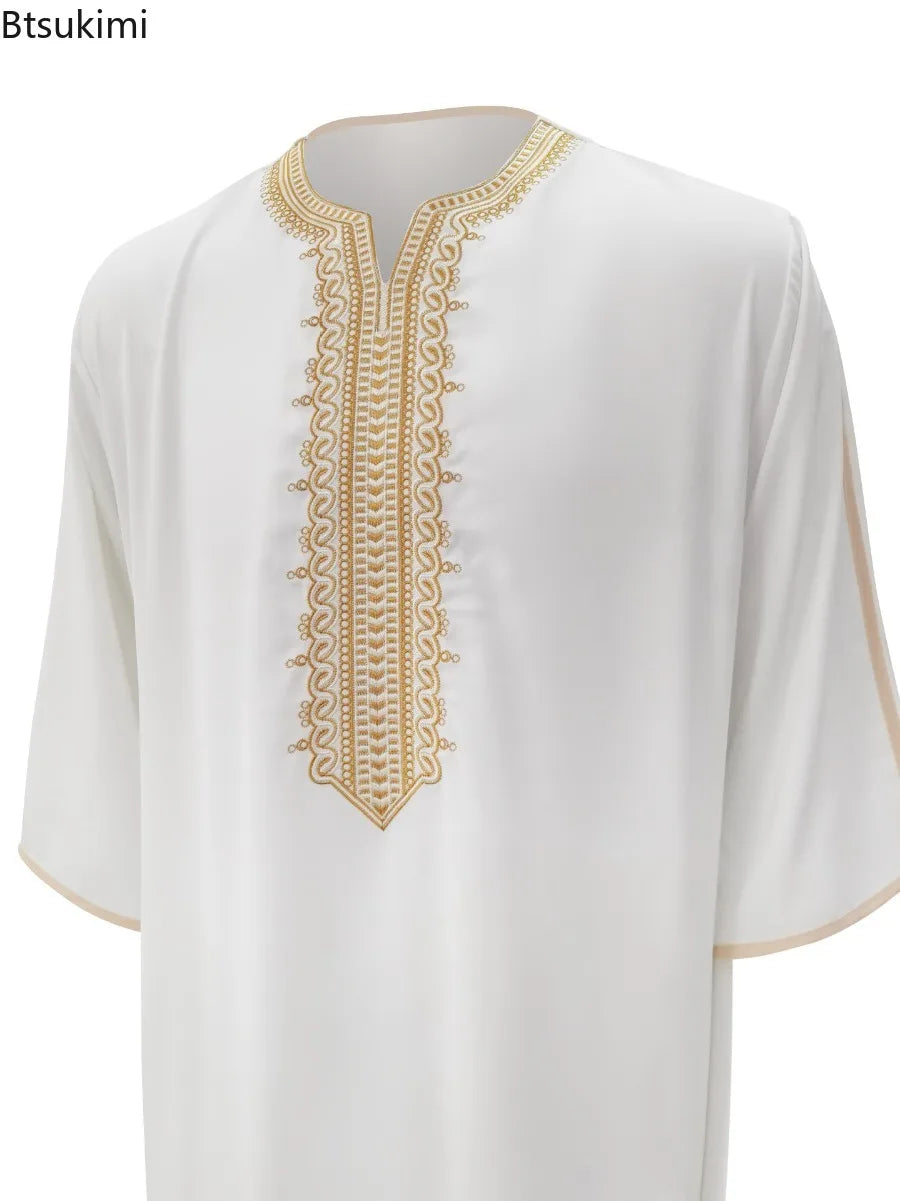2026 Ethnic Style Muslim Clothing Eid Middle East Robe Men Thobe Arab Islamic Kaftan with Pocket Loose Casual Embroidered Abayas