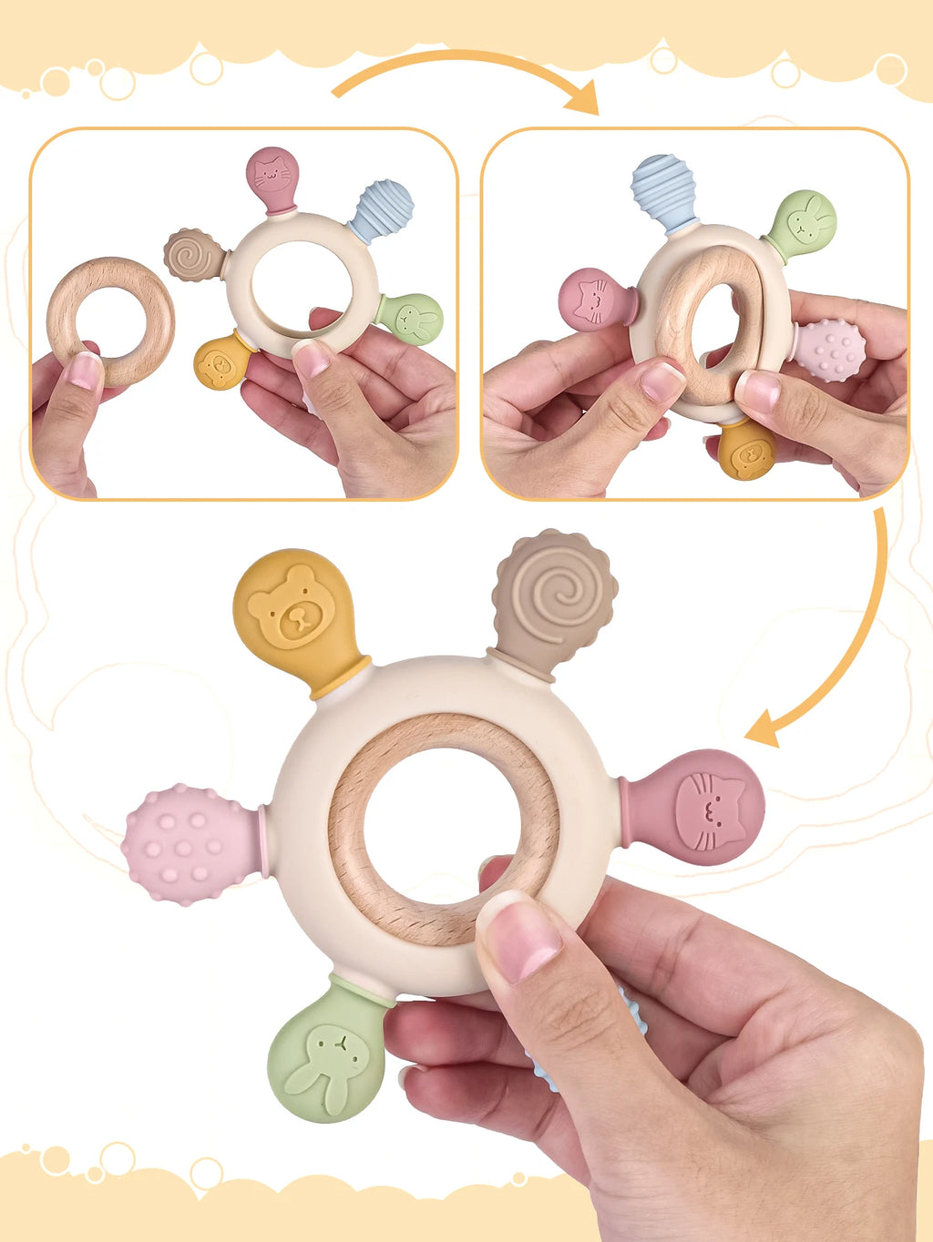 1PC Silicone Teether Baby Ring Shape Wooden Teether Ring Kid Gift BPA Free Silicone Children Goods Kid Teething Toy
