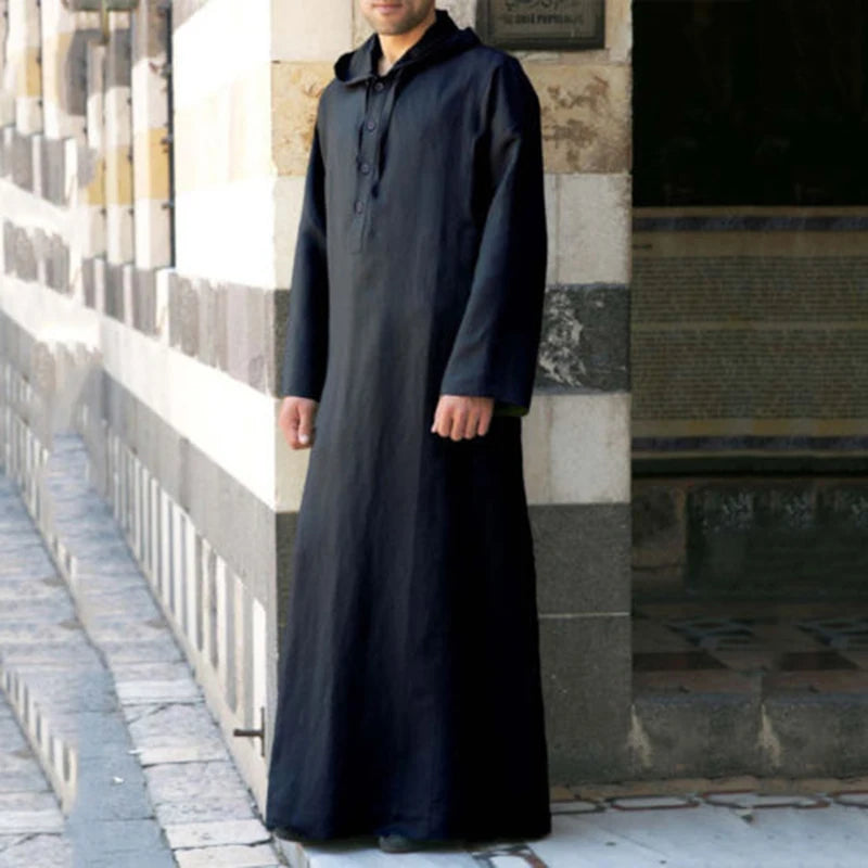 Islamische Kleidung für Herren, langärmelig, lockere muslimische Männer, Saudi-Arabien, Pakistan, Kurta, muslimische Kostüme, muslimisches Kleid, Kaftan, Thobe mit Kapuze