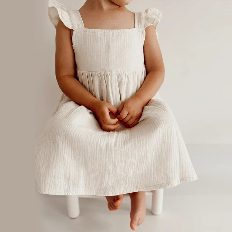 100%Cotton Muslin Girls White Dress With Lined Summer New Retro Baby Girl Sleeveless Ruffled Straps Flowy Princess Dresses TZ385