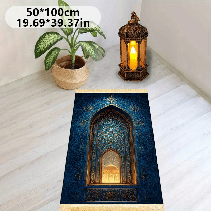 VIKAMA Islamischer Gebetsteppich, Blau-Gold Luxuriöses Moschee-Design, Faltbarer Waschbarer Muslimischer Teppich für Salah, Eid-Geschenk