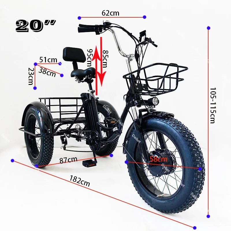 20 Inch Fat Tire Electric Folding Bicycle For Adults 48V 500W Electric Tricycles 3 Wheel Electric Cargo Bike For Women Man Ebike