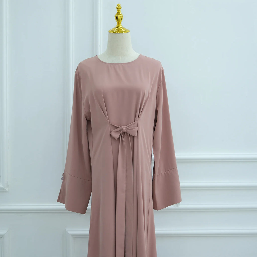 2025 Ramadan Modest Muslim Women's Clothes Elegant Arabic Back Belted Abaya Dress with Lace Sleeves Islamic Flared Maxi Robe