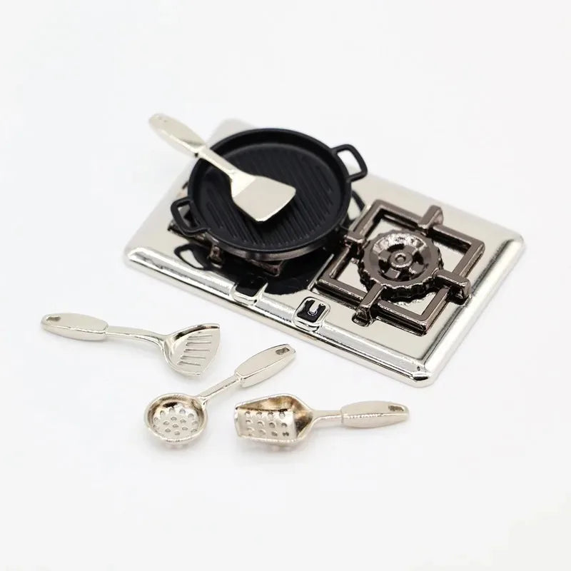 1:12 Dollhouse Miniatures Mini Kitchen Tableware Wooden Knife And Fork Metal Pot Set Doll House Toys Decor Accessories