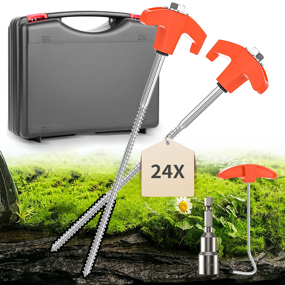 12/16/24PCs Screw pegs tent steel pegs Camping tent pegs Set Herring Earth nails Stable tent ground anchor 25CM Camping Herring Puls 13MM Hexagon Drill for Hard Ground Forest Grass