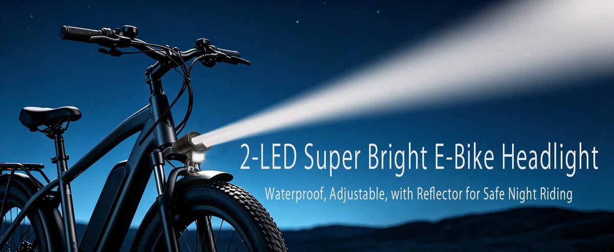 12V-60V universal ebike headlight with horn, IPX4 waterproof, 115Lux low beam, 2/3-pin plug, riser mount for e-bikes & scooters