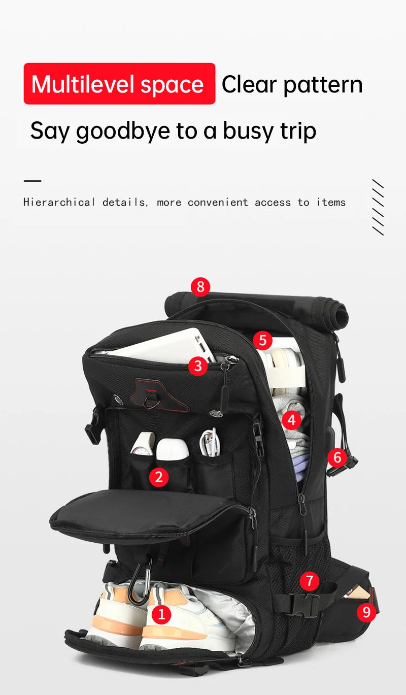 Reiserucksack mit großer Kapazität, 17-Zoll-Laptopfach, mit separatem Fach für trockene und nasse Gegenstände, Wanderrucksack für Herren.