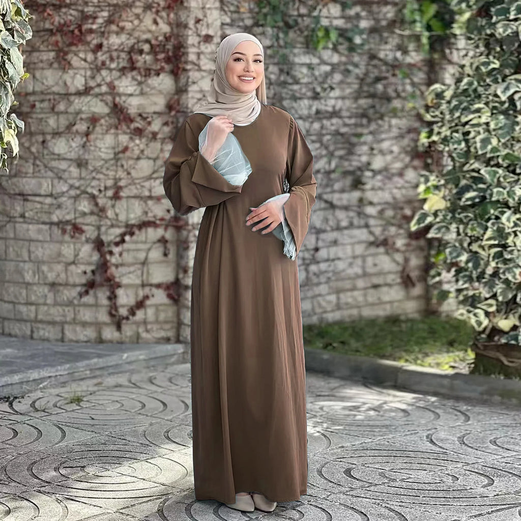 2025 Ramadan Modest Muslim Women's Clothes Elegant Arabic Back Belted Abaya Dress with Lace Sleeves Islamic Flared Maxi Robe