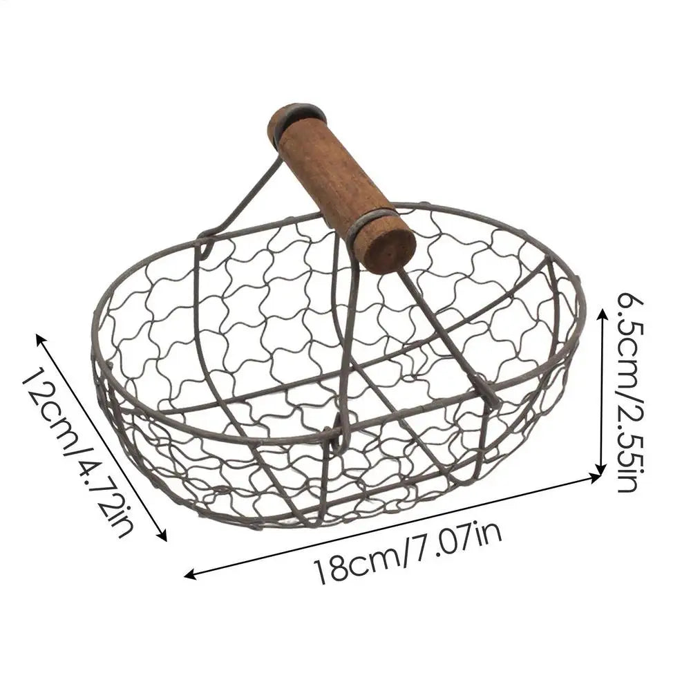 Kitchen Egg Storage Basket Creative Fruit Basket Retro Iron Snack Bread Vegetable Storage Container Holder With Wooden Handle
