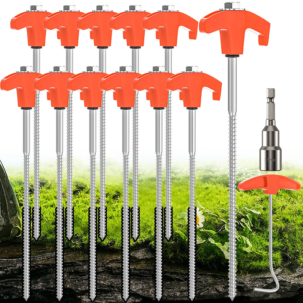 12/16/24PCs Screw pegs tent steel pegs Camping tent pegs Set Herring Earth nails Stable tent ground anchor 25CM Camping Herring Puls 13MM Hexagon Drill for Hard Ground Forest Grass