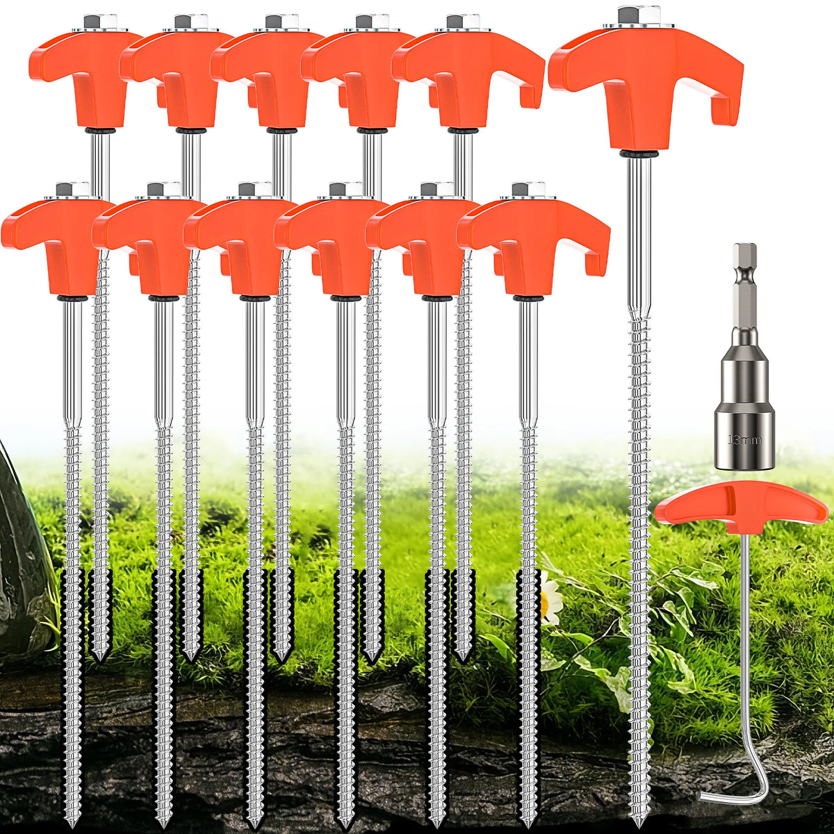 12/16/24PCs Screw pegs tent steel pegs Camping tent pegs Set Herring Earth nails Stable tent ground anchor 25CM Camping Herring Puls 13MM Hexagon Drill for Hard Ground Forest Grass