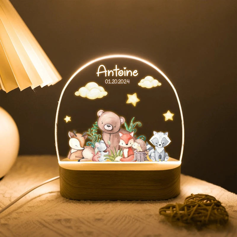 Personalized Acrylic Woodland Animals Forest Plaque with LED Night Light For Baby Children's Bedroom Nursery Light Birthday Gift