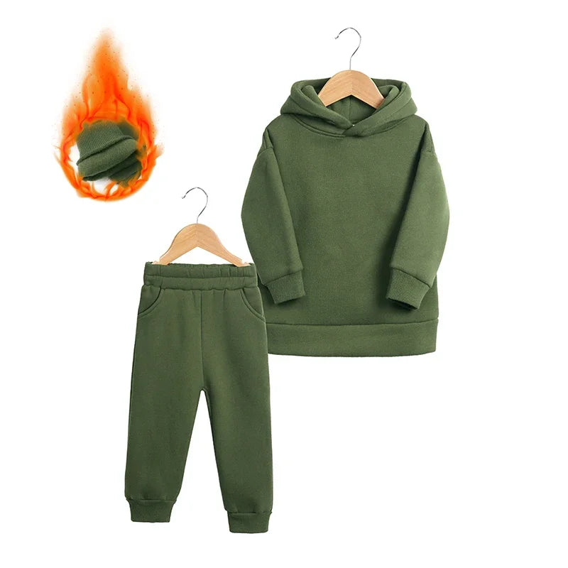 2026 Children Kids Fleece Winter Outfits Solid Cotton Hooded Sweatshirt+Pants Toddler Infant Suit Boy Girl Casual Warm Clothes
