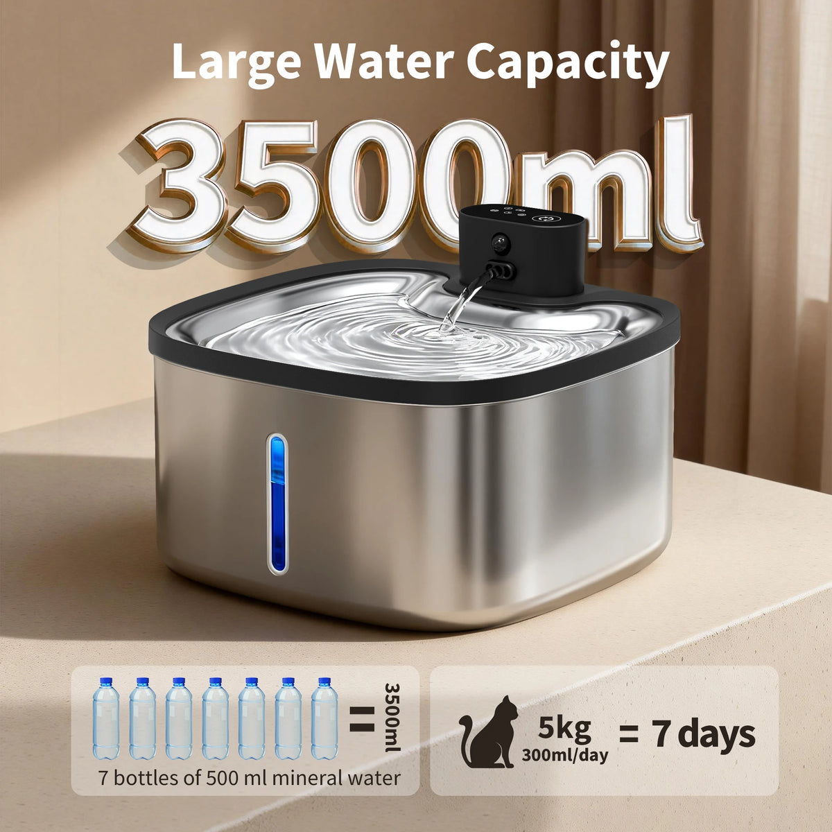 Smart Cat Water Fountain 3.5L Wireless Pet Water Purifier with Motion Sensor Automatic Filtering Large 4000mAh Battery Mute Pump