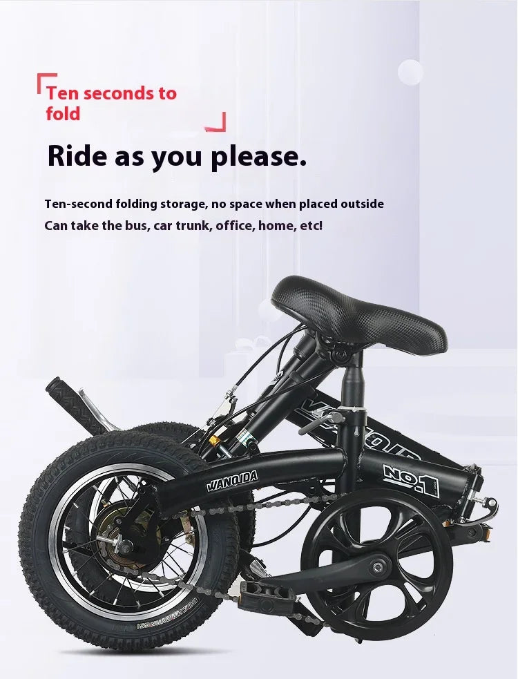Foldable bicycle, 12-inch small bike for boys and girls, portable and ultra-light transmission with disc brakes