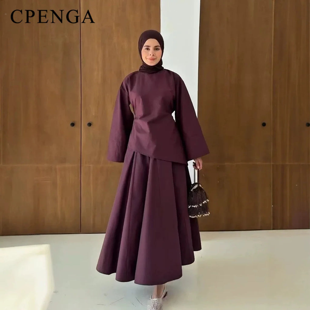 Elegant Muslim Women 2 Piece Abaya Set Ramadan Modest Summer Daily Turkey Top and Skirt Suit Islamic Casual Outfit for Eid