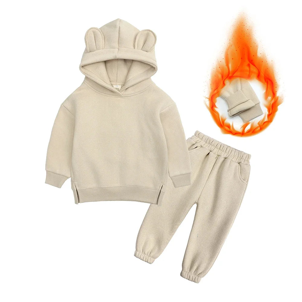 2026 Children Kids Fleece Winter Outfits Solid Cotton Hooded Sweatshirt+Pants Toddler Infant Suit Boy Girl Casual Warm Clothes