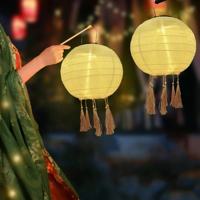 12 Inch Waterproof Solar Chinese Lantern Cloth Hanging Lamp Outdoor Festival Wedding Birthday Party Garden Hanging Lamp Decor