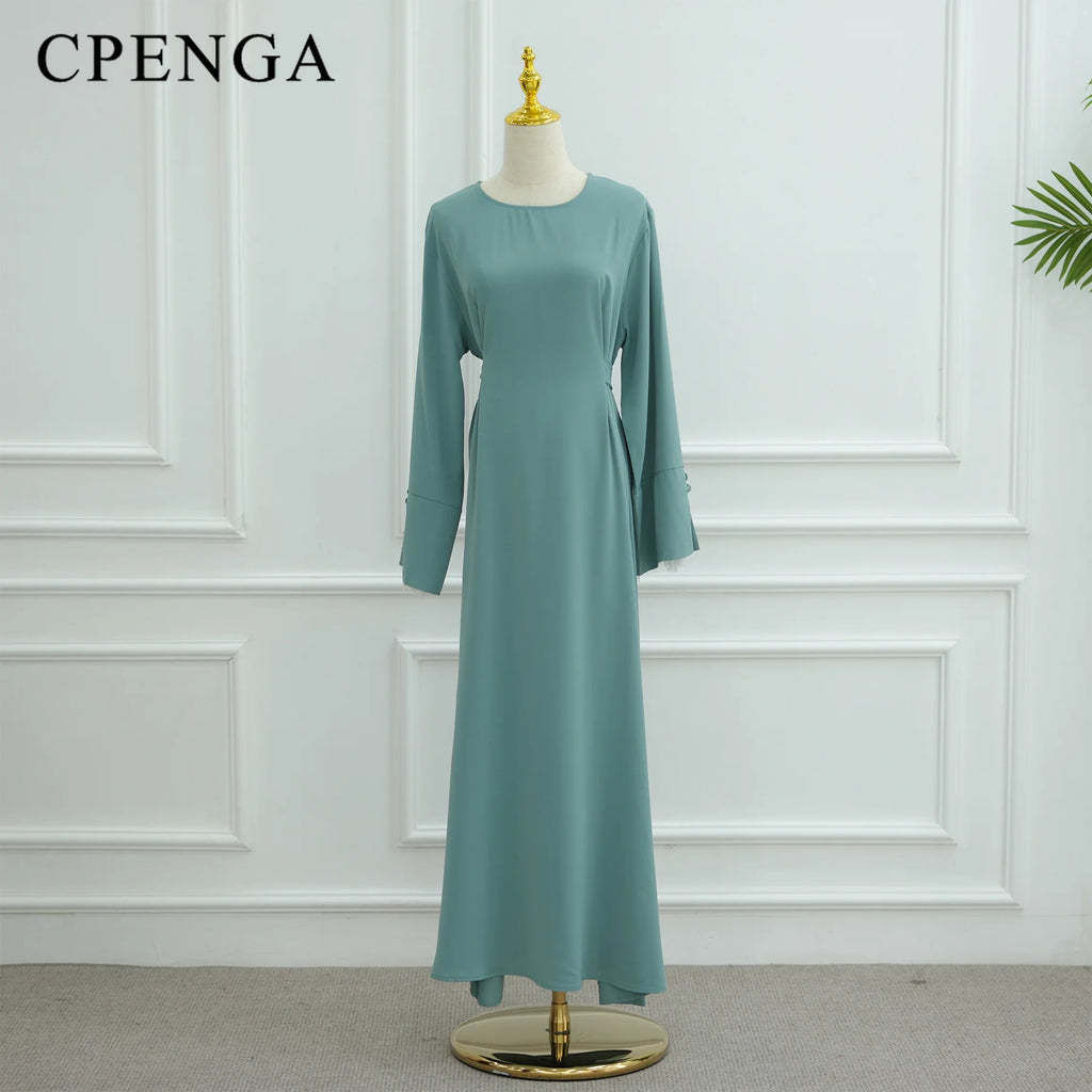 2025 Ramadan Modest Muslim Women's Clothes Elegant Arabic Back Belted Abaya Dress with Lace Sleeves Islamic Flared Maxi Robe