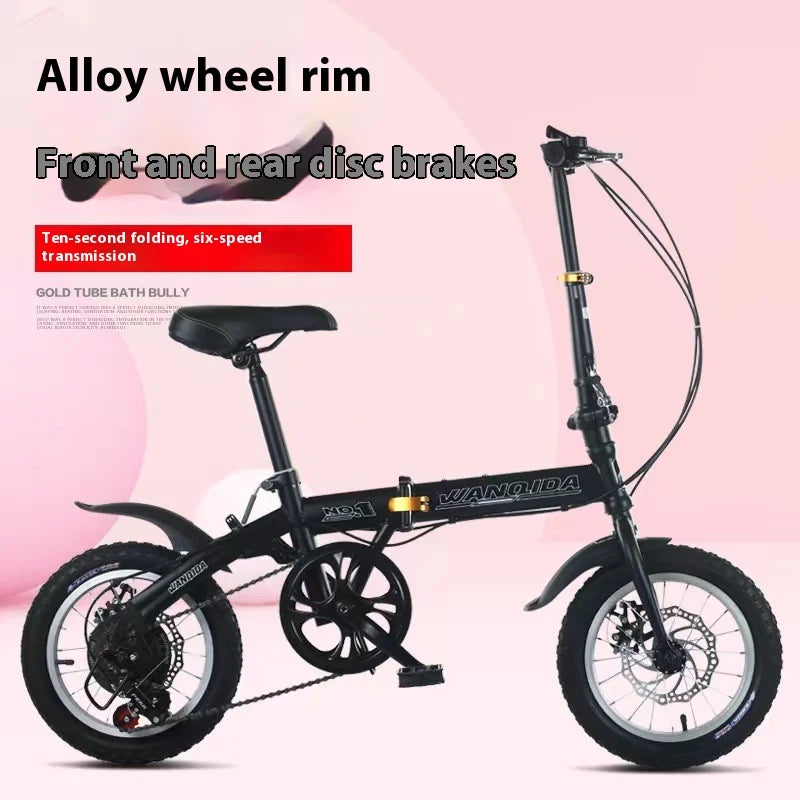 Foldable bicycle, 12-inch small bike for boys and girls, portable and ultra-light transmission with disc brakes