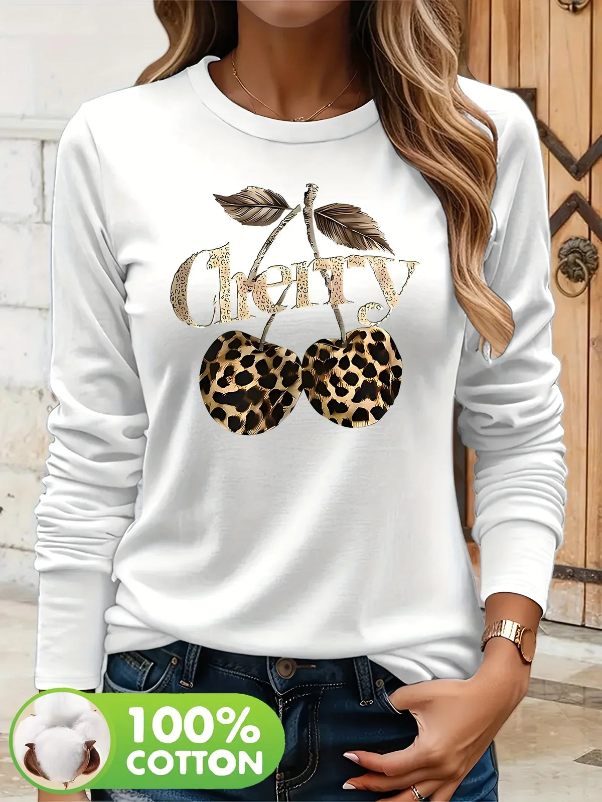 Y2k Mode Damen Lässiges Langarm-T-Shirt mit Kirsch-Leopardenmuster Grafik-Design 100% Baumwolle Rundhals-Oberteil Damen-T-Shirts