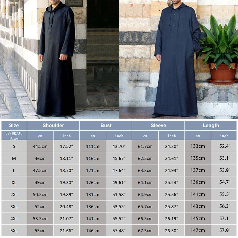 Islamische Kleidung für Herren, langärmelig, lockere muslimische Männer, Saudi-Arabien, Pakistan, Kurta, muslimische Kostüme, muslimisches Kleid, Kaftan, Thobe mit Kapuze