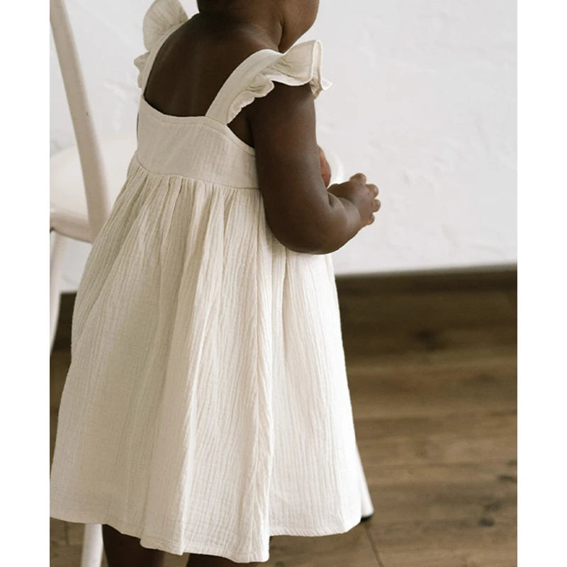 100%Cotton Muslin Girls White Dress With Lined Summer New Retro Baby Girl Sleeveless Ruffled Straps Flowy Princess Dresses TZ385