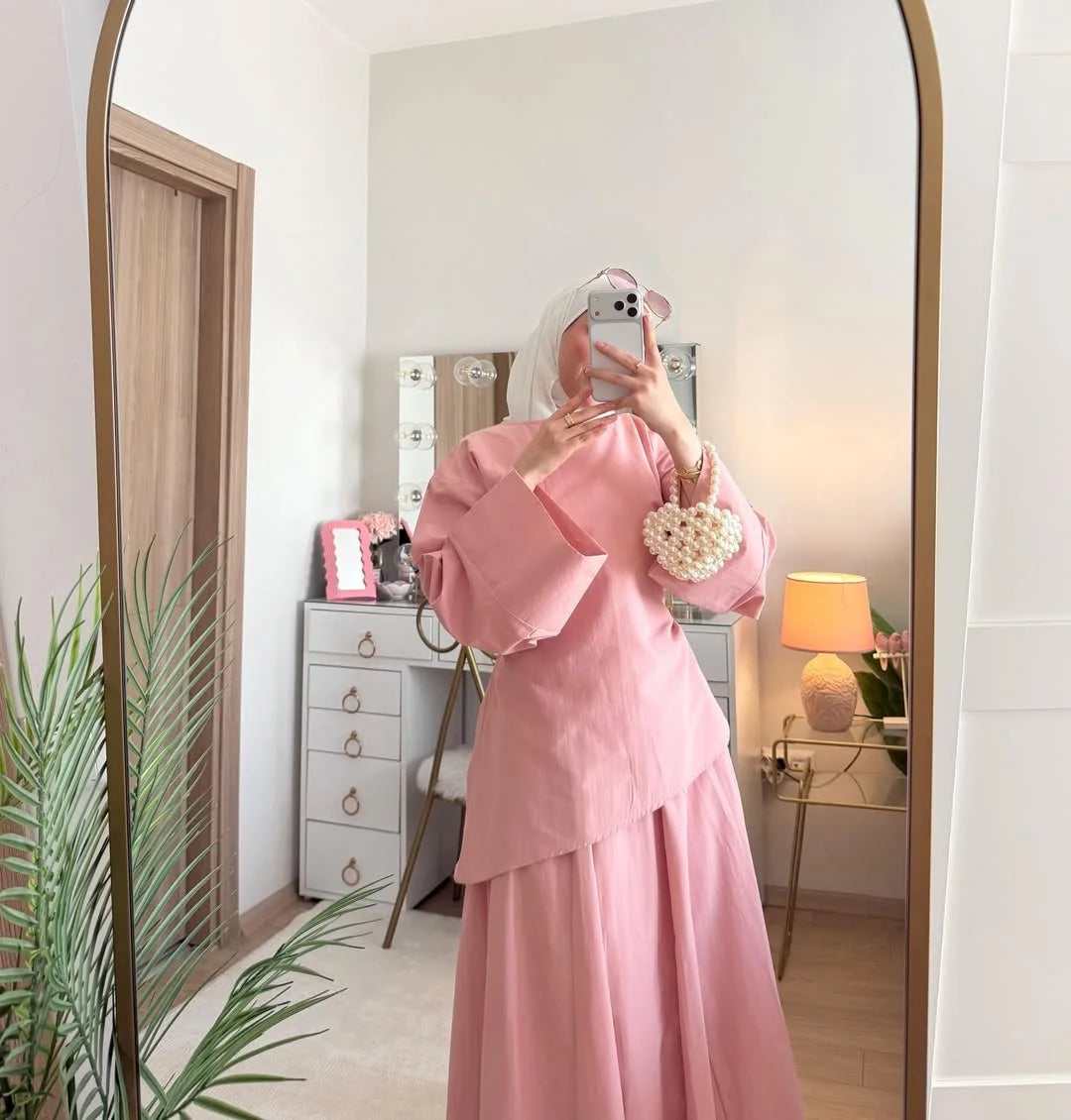 Elegant Muslim Women 2 Piece Abaya Set Ramadan Modest Summer Daily Turkey Top and Skirt Suit Islamic Casual Outfit for Eid