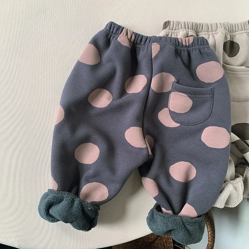 2025 New Winter Children Dot Print Trousers Plus Velvet Thick Girls Harem Pants Baby Boys Fleece Casual Pants Kids Clothes