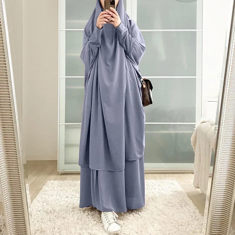 Eid Women Long Khimar 2 Piece Set Prayer Garment Djellaba  Abaya Muslim Ramadan Gown Dubai Arab Islamic Niqab Burka Jubah Jilbab