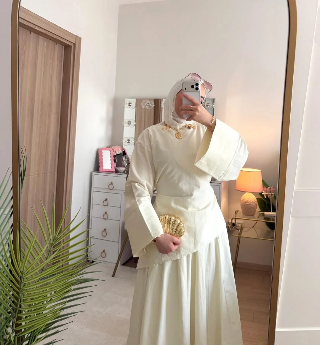 Elegant Muslim Women 2 Piece Abaya Set Ramadan Modest Summer Daily Turkey Top and Skirt Suit Islamic Casual Outfit for Eid