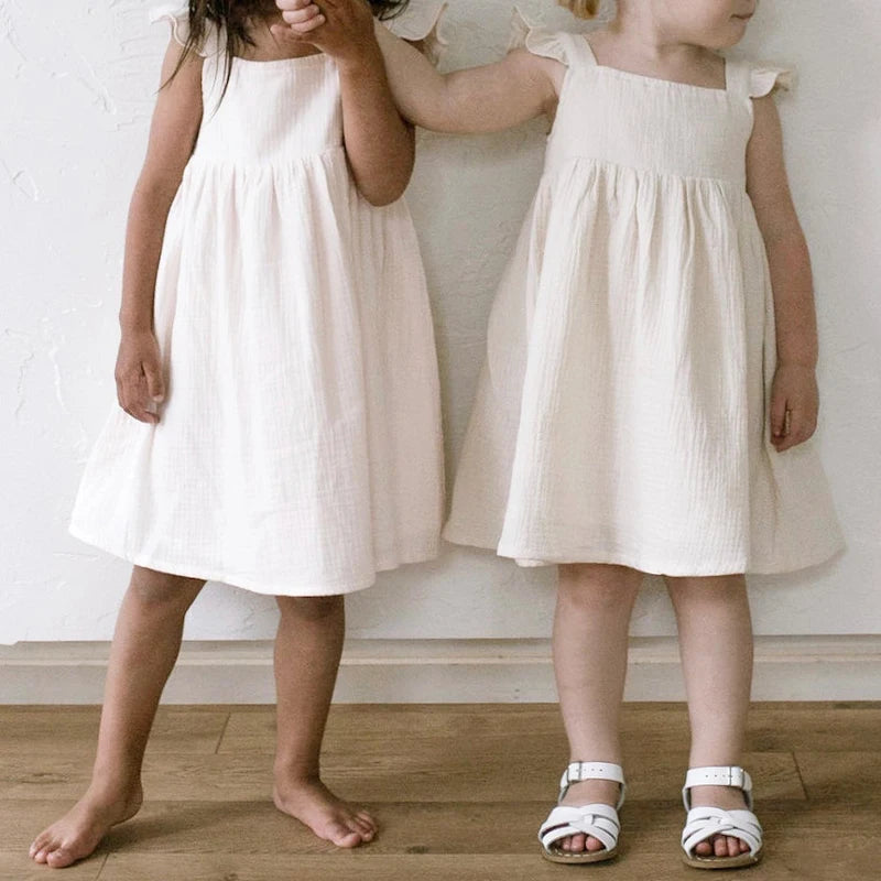 100%Cotton Muslin Girls White Dress With Lined Summer New Retro Baby Girl Sleeveless Ruffled Straps Flowy Princess Dresses TZ385