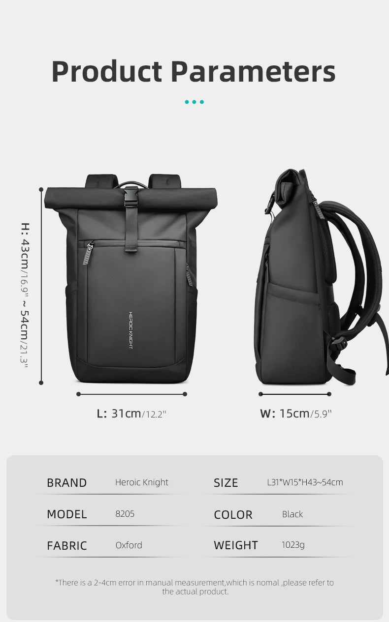 Heroic Knight Rolltop Laptop-Rucksack, erweiterbares, wasserabweisendes Fach, stilvoller Rucksack für Herren, lässiger Reiserucksack