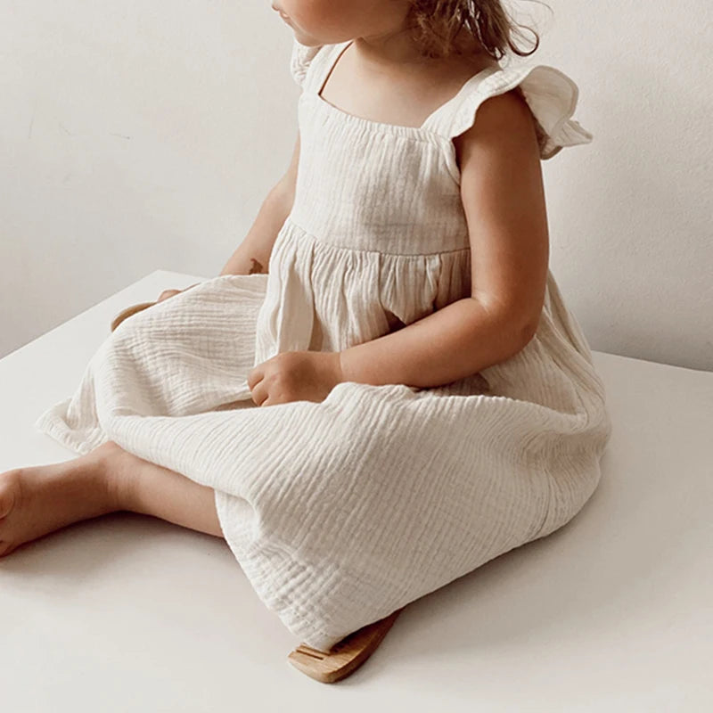 100%Cotton Muslin Girls White Dress With Lined Summer New Retro Baby Girl Sleeveless Ruffled Straps Flowy Princess Dresses TZ385