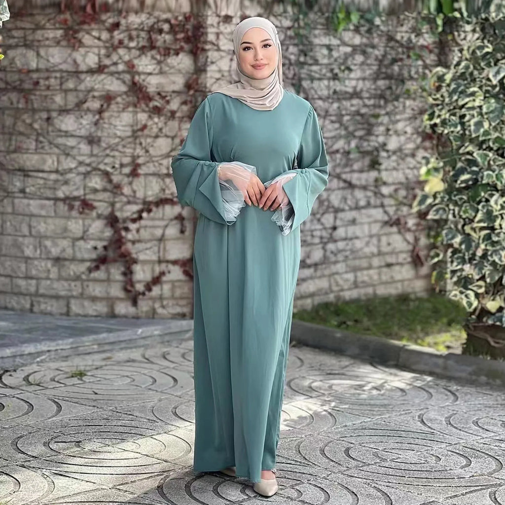 2025 Ramadan Modest Muslim Women's Clothes Elegant Arabic Back Belted Abaya Dress with Lace Sleeves Islamic Flared Maxi Robe