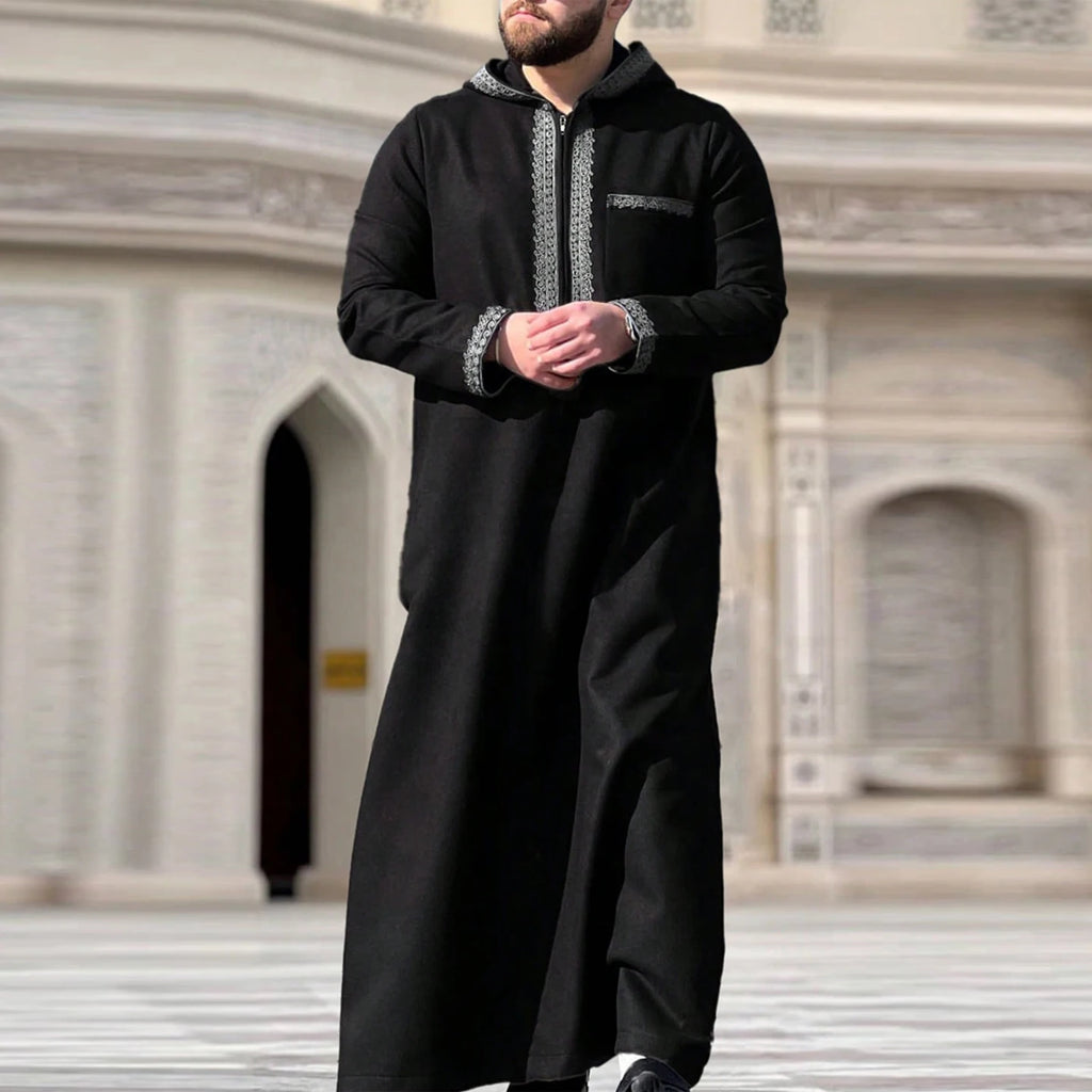 New Islamic Muslim Men's Thobe Long-sleeved Classic Embroidery Robe Arabic Ethnic Style Men's Casual Formal Robe Prayer Dress